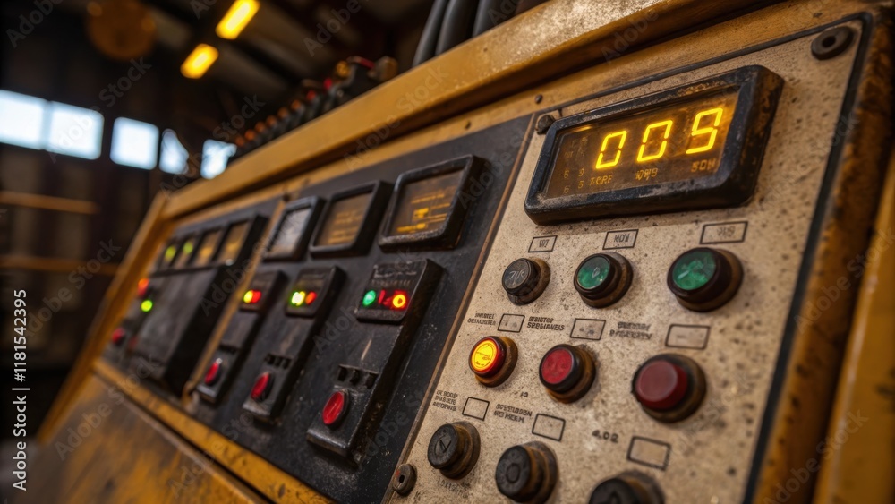 Aufkleber A closeup of the hydraulic control panel of a drilling machine featuring an array of s and levers coated in grime from frequent use. Glints of fluorescent lights reflect off the