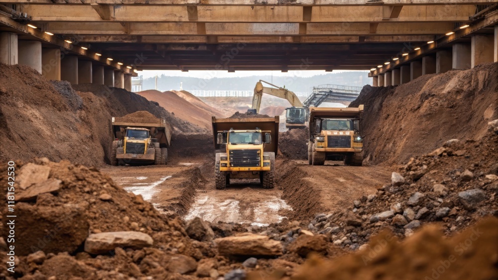 Poster A closeup of the massive excavation work beneath the evolving structure with heavy machinery digging into the earth and dump trucks lined up. The chaotic mix of mud rocks and