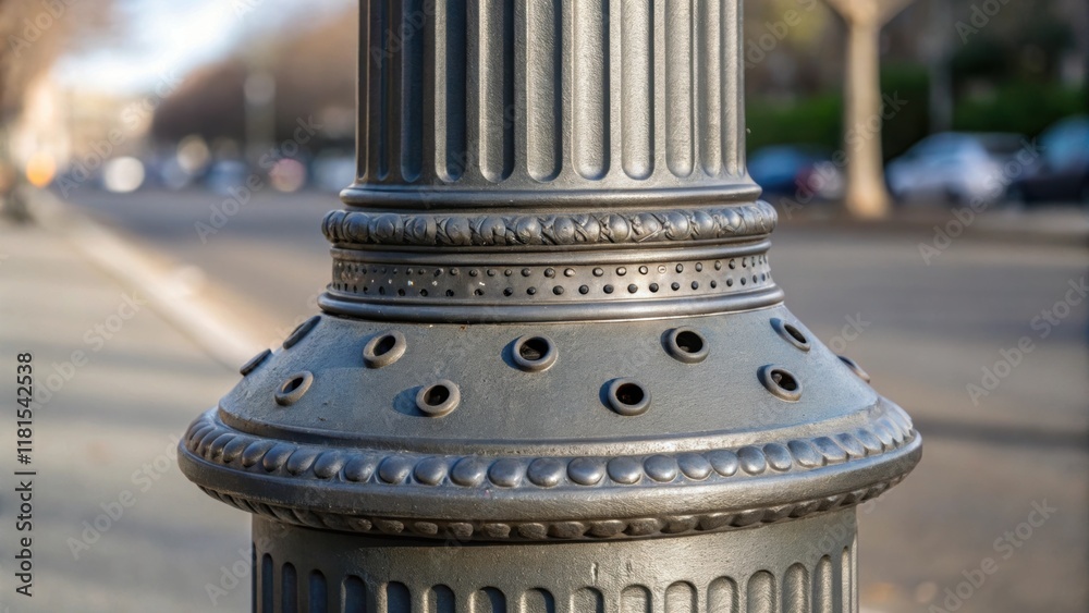 Poster A closeup of the lower third of a streetlight pole reveals intricate details a finely ridged texture and neatly drilled holes for fixtures. The pole is surrounded by the metallic