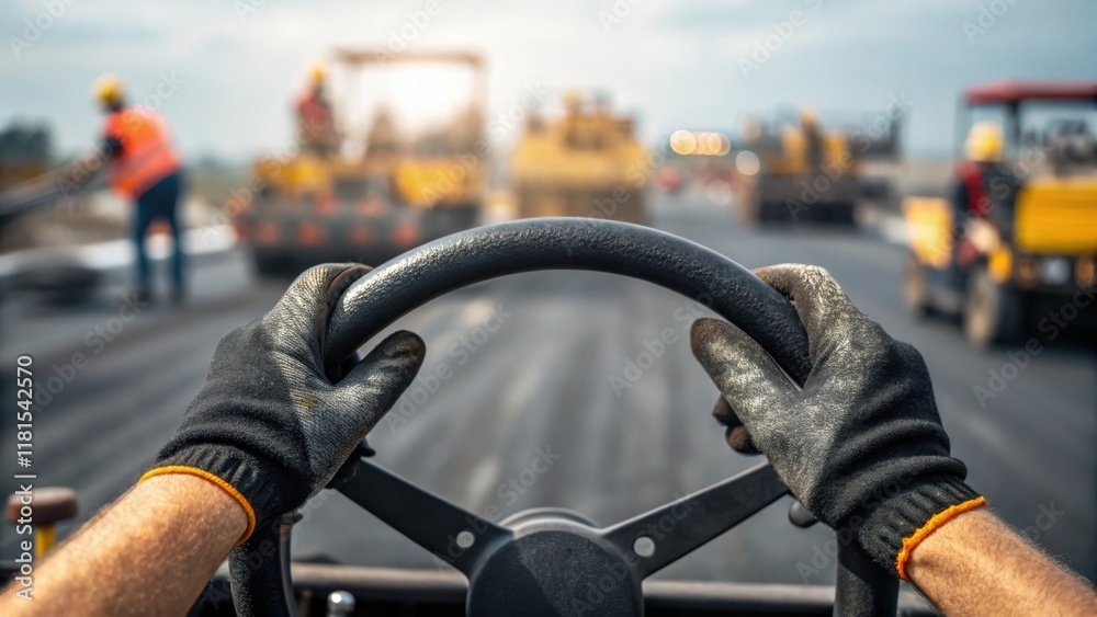 Poster A closeup of the operators hands gloved and stained with asphalt gripping the steering wheel of the paving machine with the blurred backdrop of the construction zone highlighting