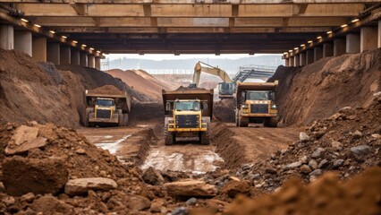 Fototapeta premium A closeup of the massive excavation work beneath the evolving structure with heavy machinery digging into the earth and dump trucks lined up. The chaotic mix of mud rocks and