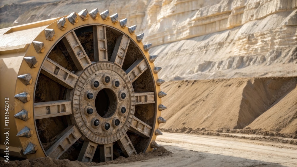 Poster A closeup of the ting head of a tunnel boring machine reveals sharp heavyduty blades designed for grinding through rock and soil. In the background layers of sediment and soil are