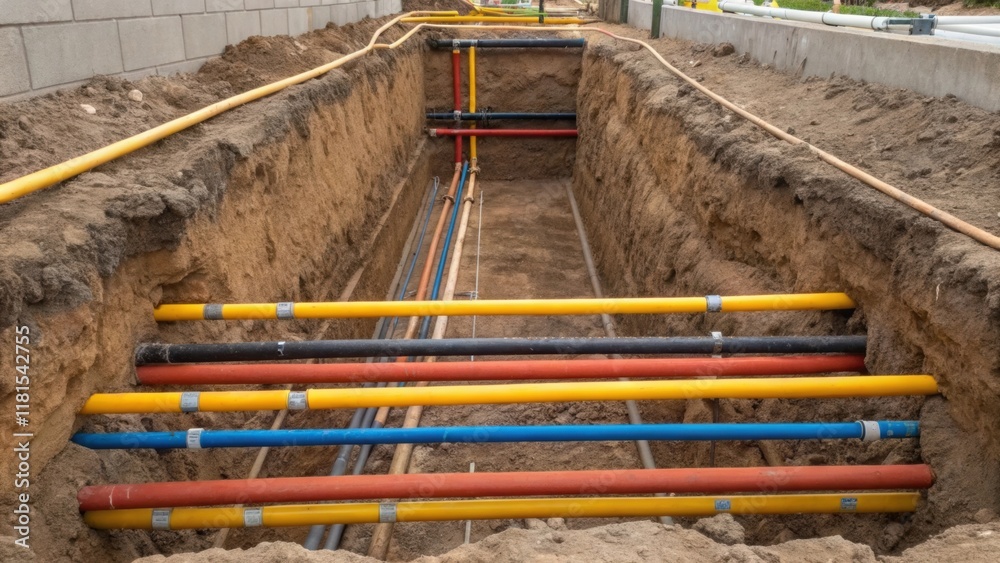 Poster a closeup on an exposed foundation wall where utility trenches run horizontally each filled with ins