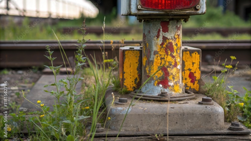 Poster a closeup on the base of a signal light with peeling paint revealing layers of color from past maint