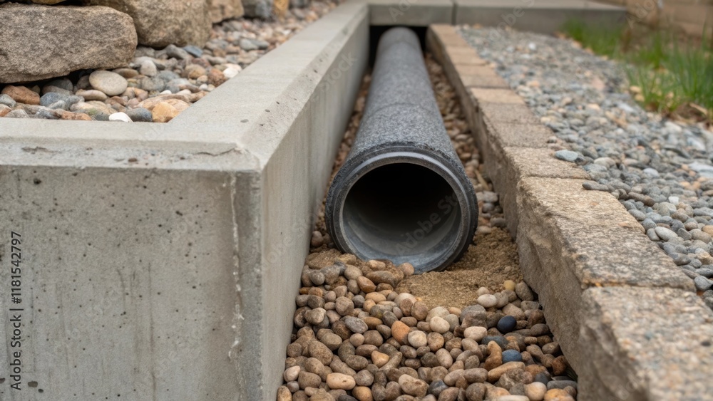 Poster A closeup perspective of a drainage pipe integrated within the retaining wall structure. The rugged surface of the pipe blends with the surrounding concrete while small pebbles and