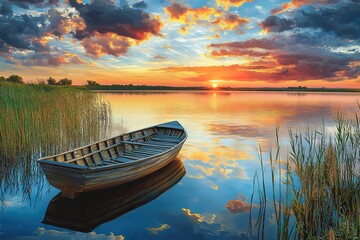 Fototapeta premium Sky sunset and boat on the water. Modern impressionism,Original oil painting on canvas. 