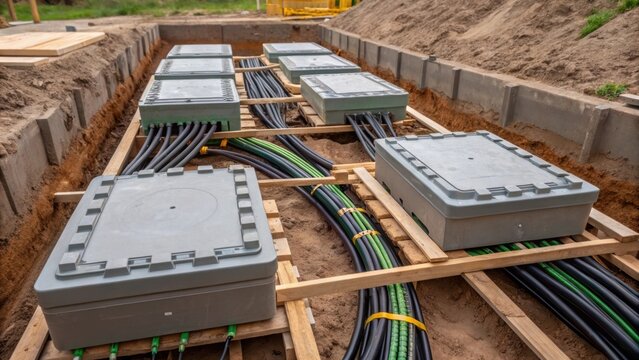 A closeup of utility vaults in various stages of the installation process some on wooden pallets while others stand on exposed earth. The scene features a tangle of cables and