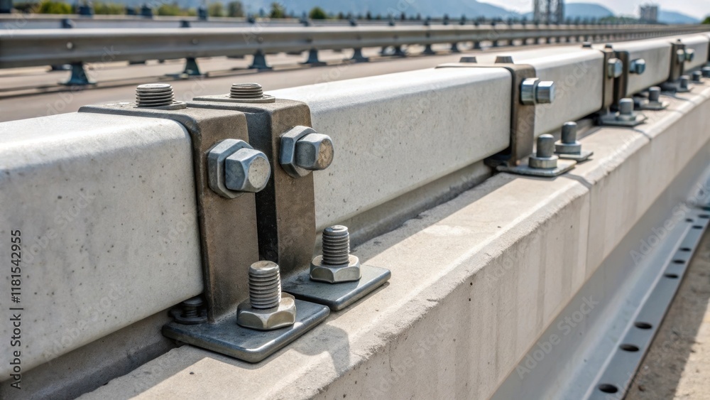 Poster a closeup revealing the mounting or anchoring system of precast concrete barriers showcasing the met