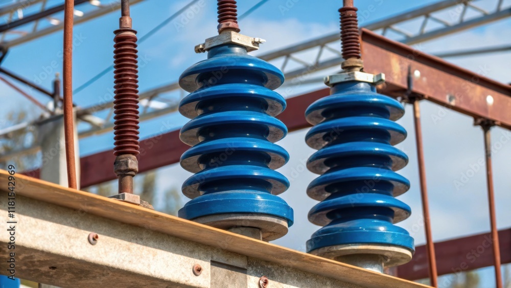 Poster A closeup reveals a of robust industrialgrade insulators smooth and glossy on the surface suspended from a partially constructed framework. The combination of earthy tones from