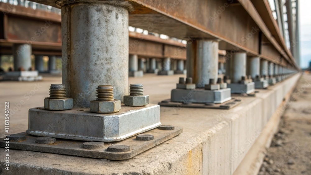 Poster a closeup shot focuses on the bolts and connections securing the pillars to their footings. the meta