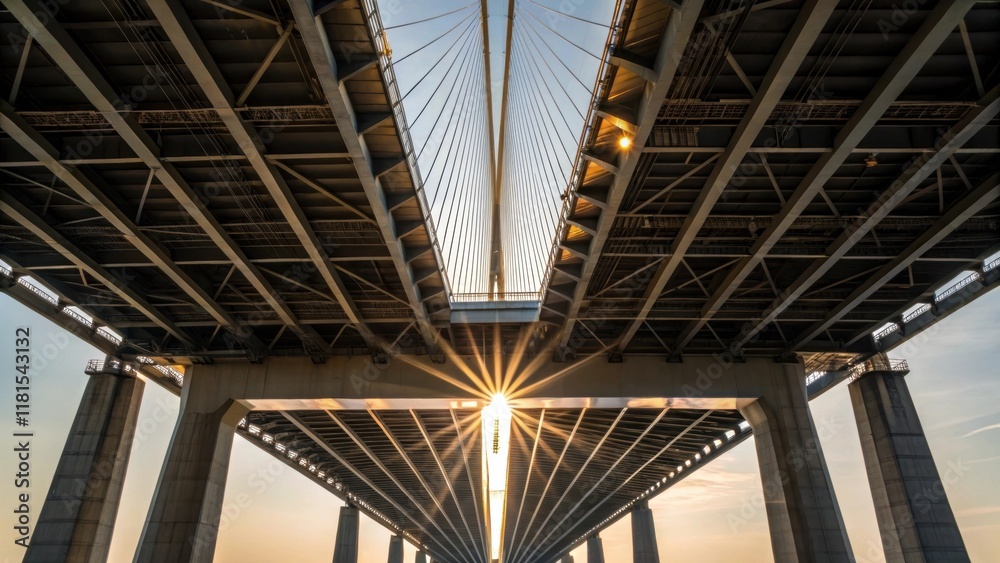 Aufkleber A closeup shot from below showcasing a modular bridge deck section elevated on supports. Sunlight filters through the gaps illuminating the network of support beams and cables. The