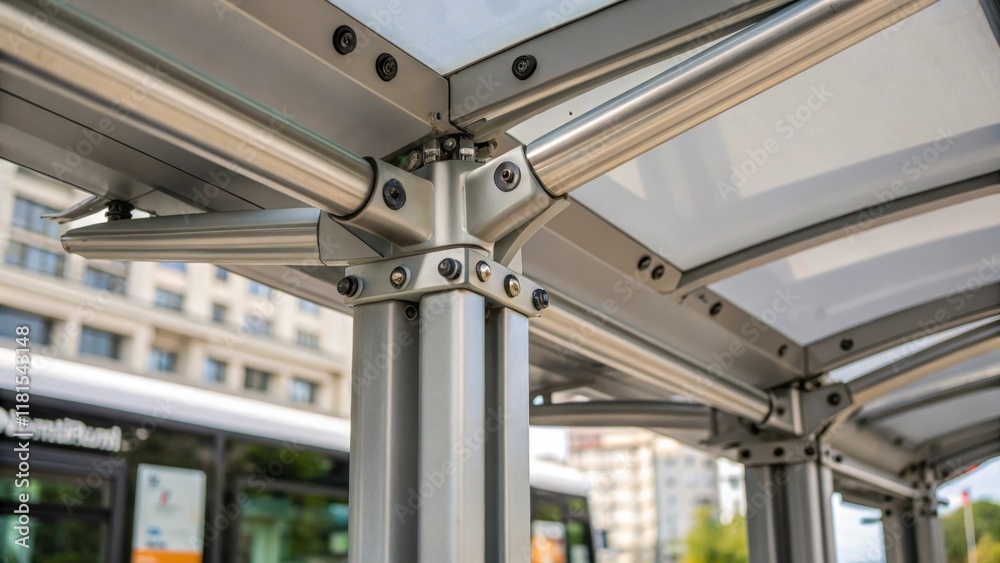 Poster A closeup shot highlighting the intricate structural connections between two modular bus shelters. The image focuses on the metallic joints and mounting points that allow for easy