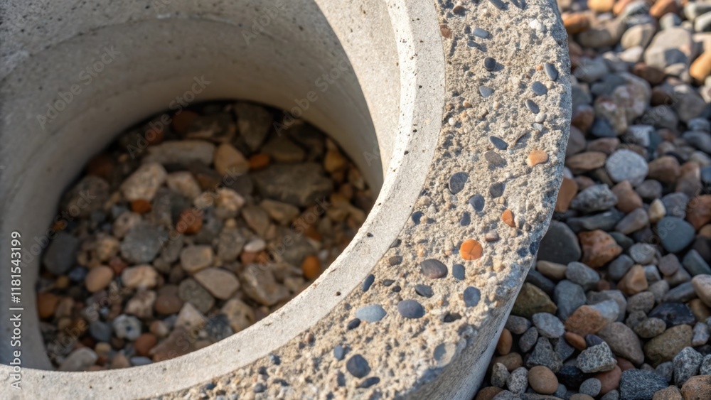 Aufkleber A closeup shot of a concrete pipes rim where aggregates can be seen embedded within the mix. The uneven distribution of stones adds character and uniqueness to the pipe emphasizing