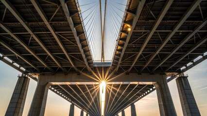 A closeup shot from below showcasing a modular bridge deck section elevated on supports. Sunlight filters through the gaps illuminating the network of support beams and cables. The