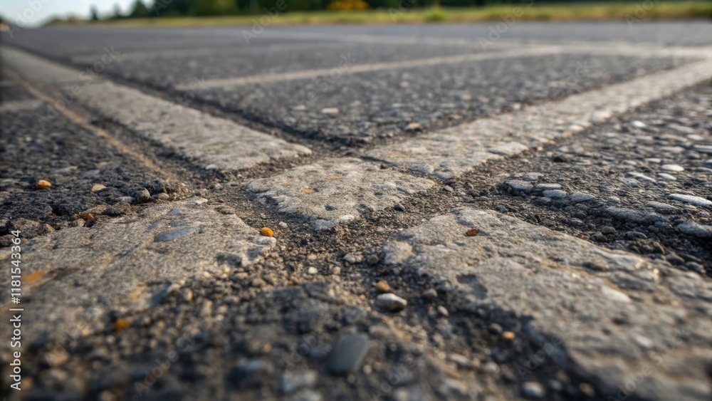 Poster A closeup shot of the road surface intersected with tire marks and weathered patches revealing the asphalts texture. The grains and pebbles can be seen clearly