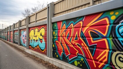 A closeup shot of graffiti art on a noise barrier capturing the bold colors and intricate designs...