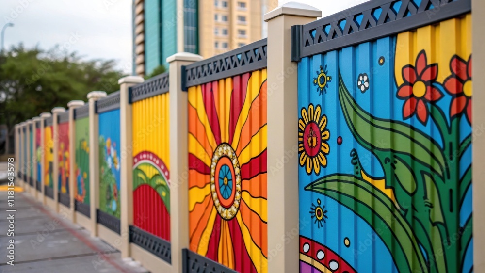 Poster a closeup view of a modular fence section adorned with vibrant murals depicting community art that c