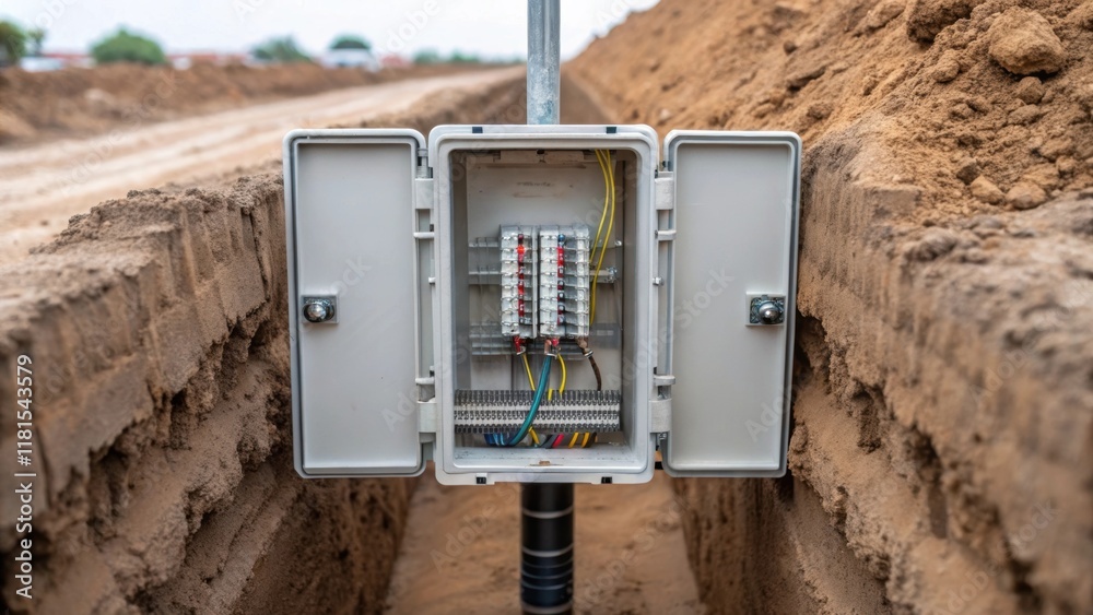 Poster A closeup view focusing on a junction box with transparent access panels allowing a glimpse into the organized chaos of wiring and circuitry. The nearby trench walls are lined with