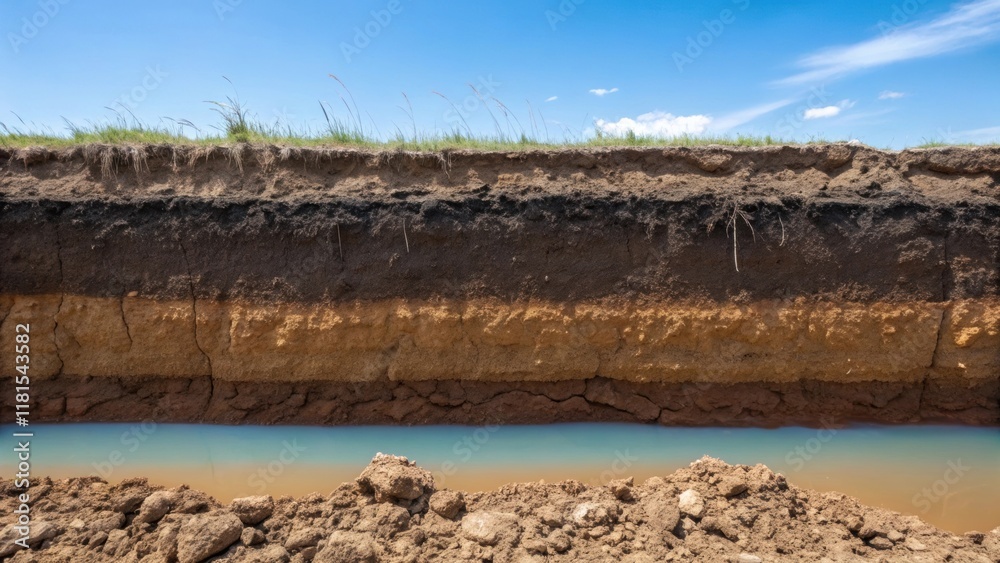 Poster a closeup view of a deep foundation trench shows the neat layering of dark clay and lighter sandy so