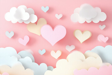 Cute minimalistic love holiday background, composition of paper hearts on a pink background on the theme of Valentine's Day