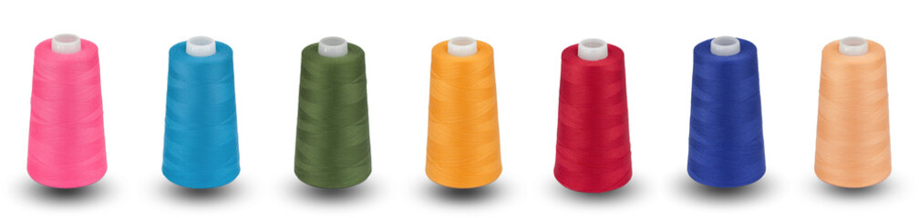 Spool thread collection. Rainbow colors thread isolated. Thread plastic spool. Collection of cutout...