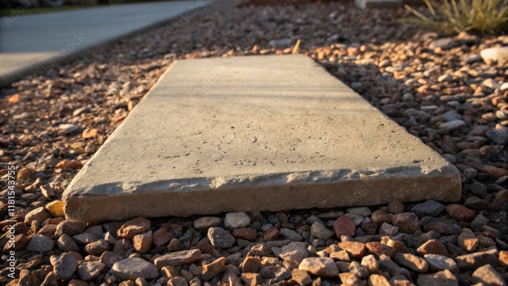 Aufkleber A closeup view of a single sidewalk slab resting on a bed of crushed stone highlighting the subtle variations in thickness and texture. The interplay of light and shadow draws