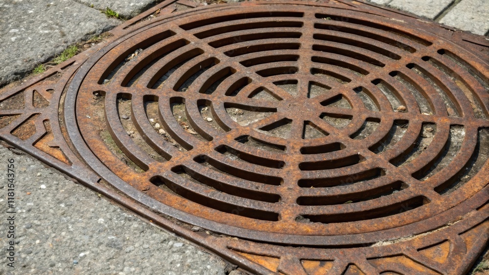 Poster A closeup view of a weathered drainage grate its surface marked by years of exposure to the elements. Rust and grime add character while the circular and linear designs create a