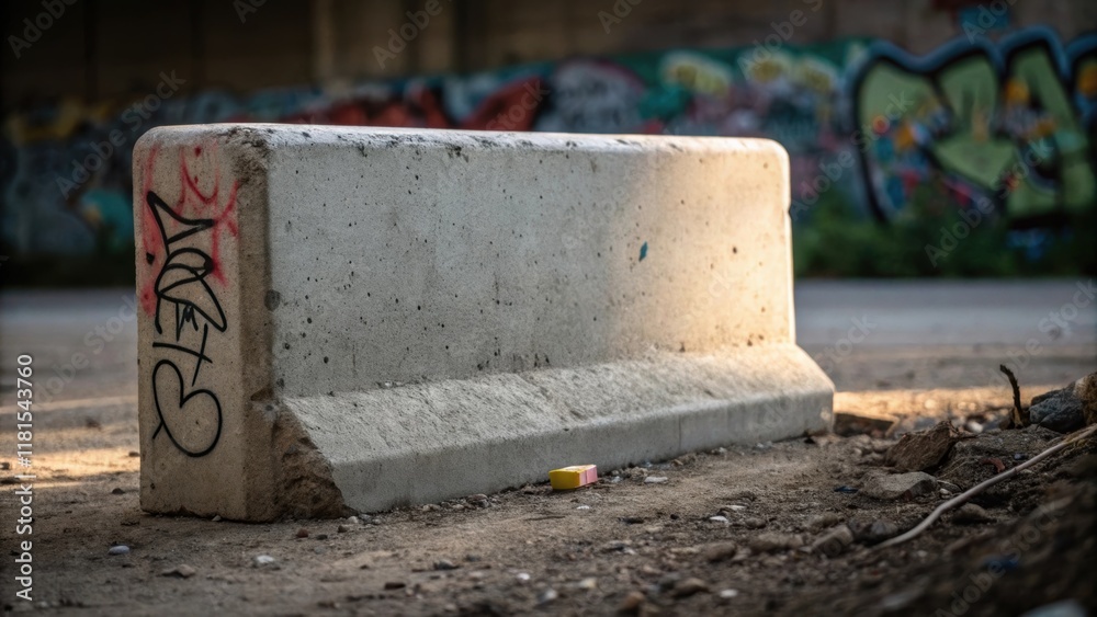 Poster A closeup view of a single concrete barrier showing a small patch where graffiti has been sprayed contrasting the otherwise uniform rough surface. The light glints off the smooth
