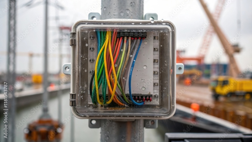 Poster a closeup view of a weatherproof junction box featuring a transparent cover that reveals a tangle of