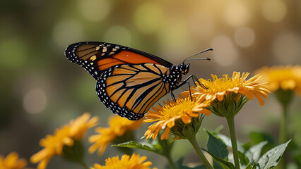 Obraz premium Close-up of a monarch butterfly on a flower with a blurred sunny yellow background.