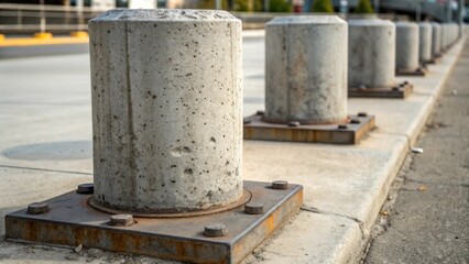 A closeup view of the base of several precast concrete bollards emphasizing the sy anchors set into the ground. The weathered texture of the concrete showcases signs of wear and
