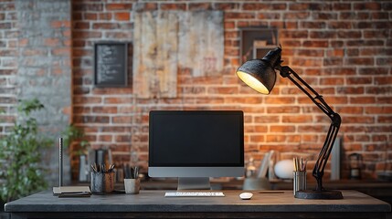 Concrete base table lamp with a minimalist black metal shade placed in a modern industrial workspace with raw brick walls