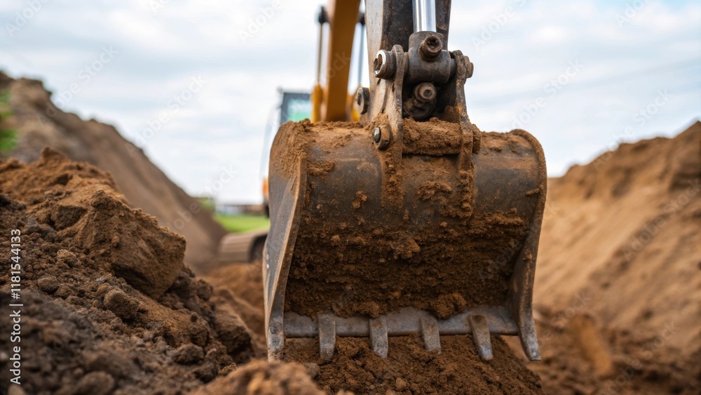 Poster a closeup view reveals a forked excavator arm poised above a pile of freshly dug soil. the bucket gl