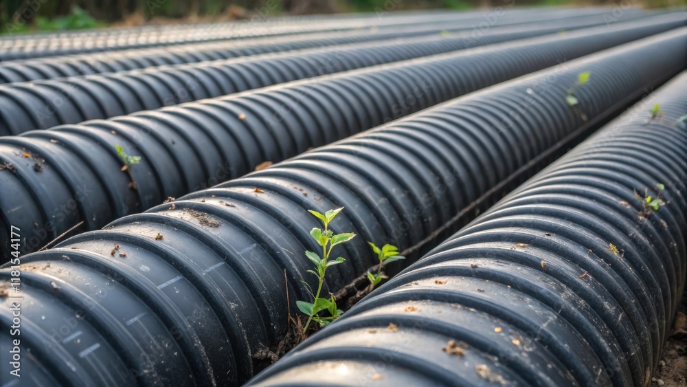 Fototapete a closeup view reveals the intricate connection joints of the stacked irrigation pipes showcasing th
