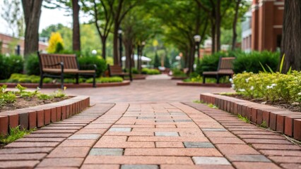 A close view captures the interplay of the pavers with other plaza elements such as benches and landscaping. The brick pathways weave elegantly around greenery inviting visitors to
