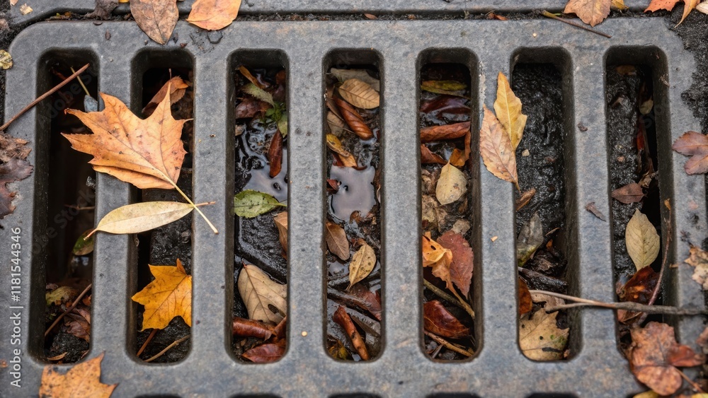 Aufkleber A close view of a drainage grate showcases a collection of fallen leaves and small debris caught within its perforations illustrating the function of these urban features in