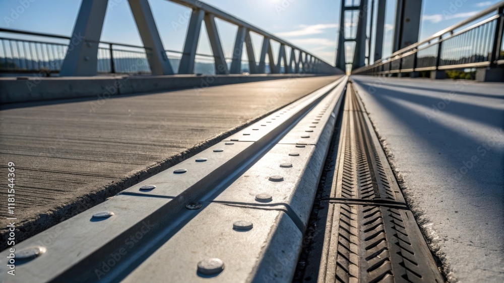 Poster A close view of a newly installed expansion joint showcasing fresh paint and sharp edges against the backdrop of the bridge. An inspection light casts dramatic shadows highlighting