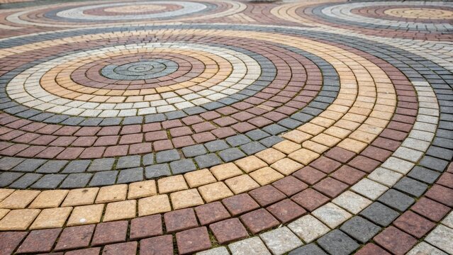 A close view of circular paving stones arranged in a mesmerizing spiral pattern. The concentric circles are made up of varying stone sizes each with different colors and textures