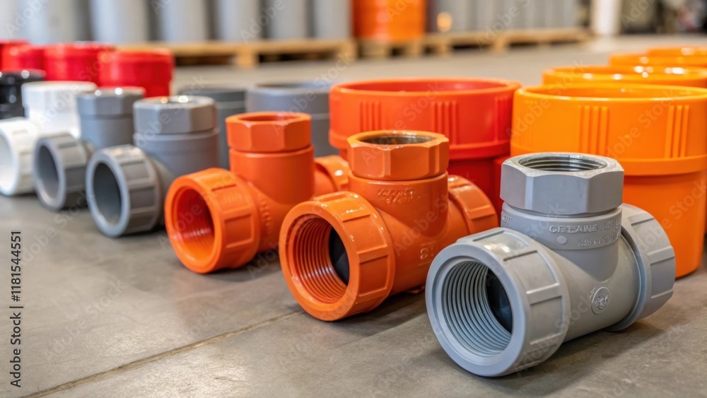 Poster A collection of colorful plastic and metallic water main pipe fittings illuminated by soft diffused light. The assortment showcases differing diameters with some fittings featuring