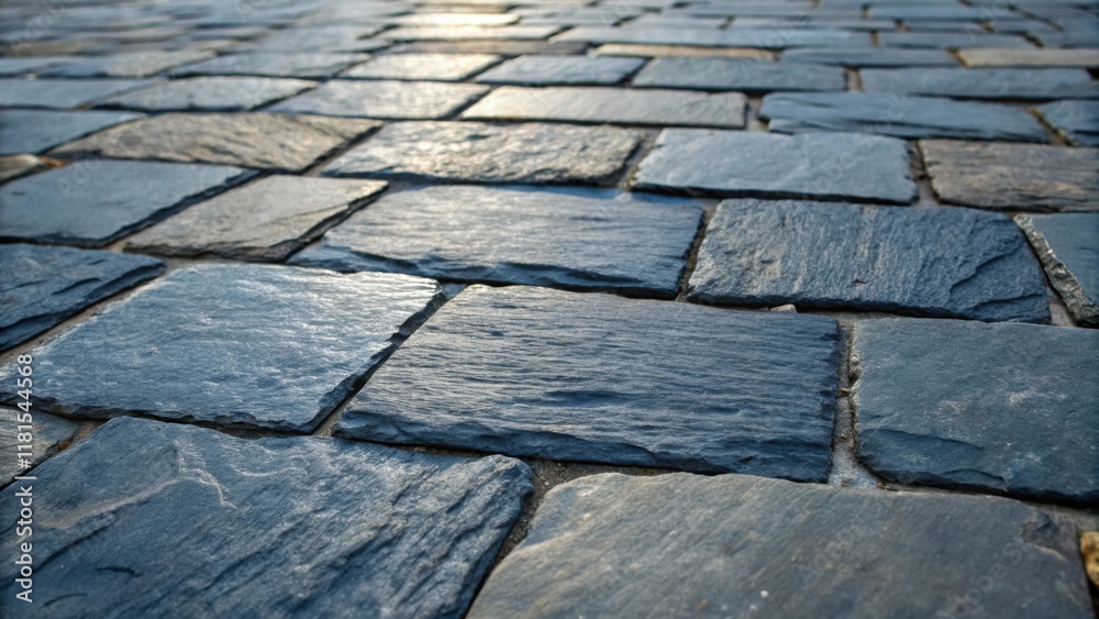 Poster A closeview of weathered slate pavers exhibiting a stunning range of shades from deep blue to charcoal. The textured surface captures the nuances of natural stone while the