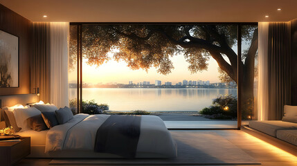 Luxury Bedroom Design Overlooks Tranquil Lake at Sunset with Cozy Interior