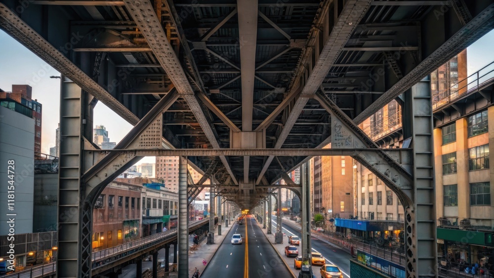 Poster a corner view of the elevated rail structure highlighting the massive steel girders that form a skel