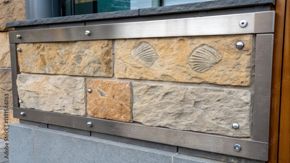 Poster a cropped perspective highlighting a single stone veneer panel with unique fossillike markings and w