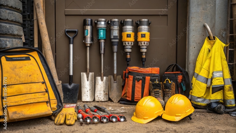 Poster a dense array of tools and equipment lies tered near the construction portal with gleaming metallic 