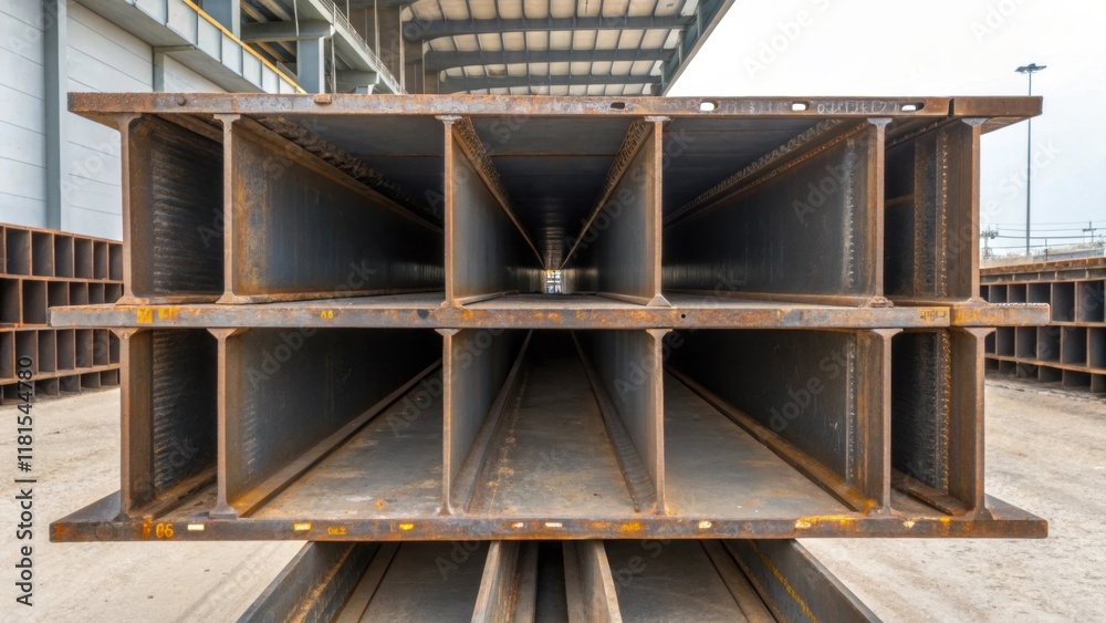 Poster A crosssectional view that reveals the hollow core of a steel girder exposing the internal structure. This angle unveils reinforcing plates and meticulous welds that enhance its