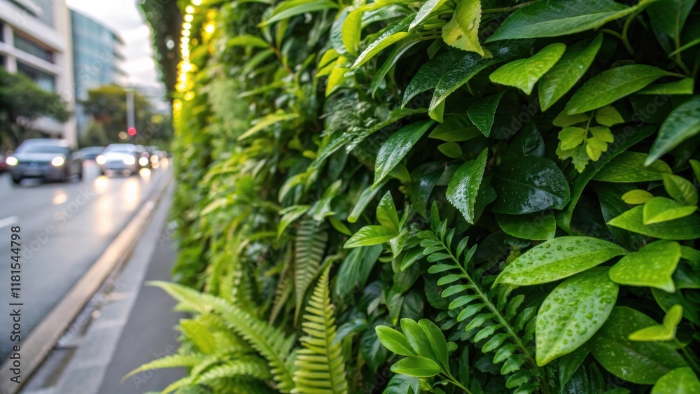 Poster A densely planted vertical garden integrated into a noisereduction wall. Closeup images reveal the diverse array of leaves from shiny broad leaves to delicate ferns. Tiny droplets