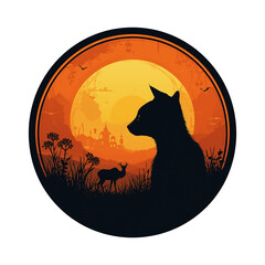 Silhouette Cat and Deer at Sunset