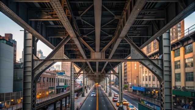 A corner view of the elevated rail structure highlighting the massive steel girders that form a skeletonlike appearance. The contrast between the stark steel and the surrounding