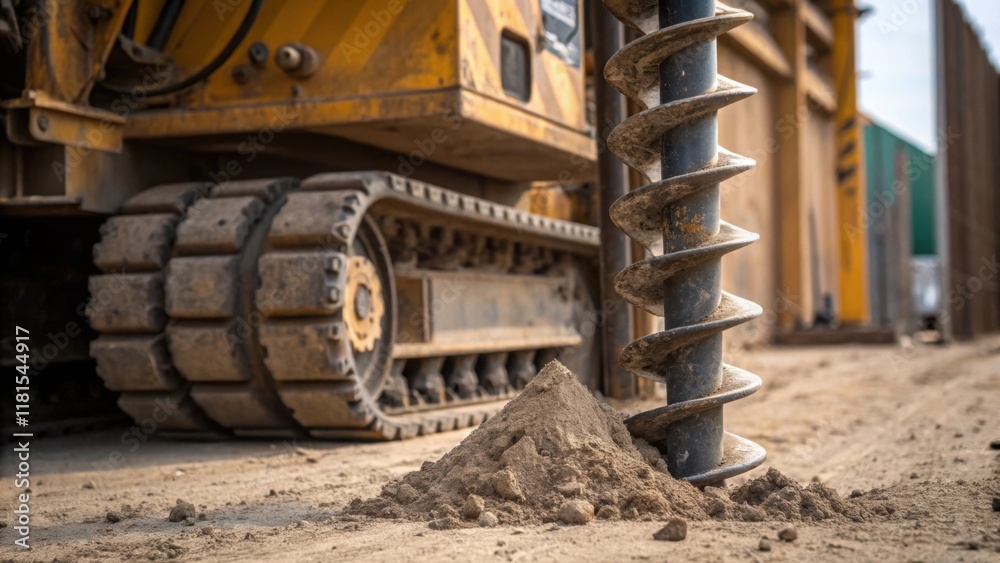 Poster a detailed closeup of specialized machinery resting beside the drilled piles with a focus on the lar