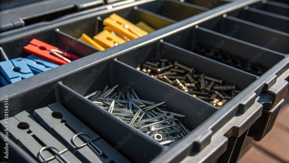 Poster A detailed focus on a section of the storage bin revealing clips sorted by type with some featuring rounded edges while others have sharp angular designs. The interplay of shadows